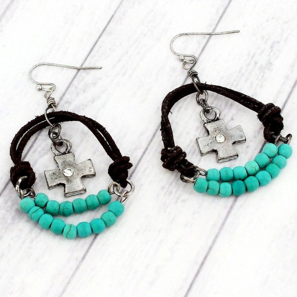 Earrings. Silver Cross W/Crystal. Brown Faux Suede. Turquoise Beads